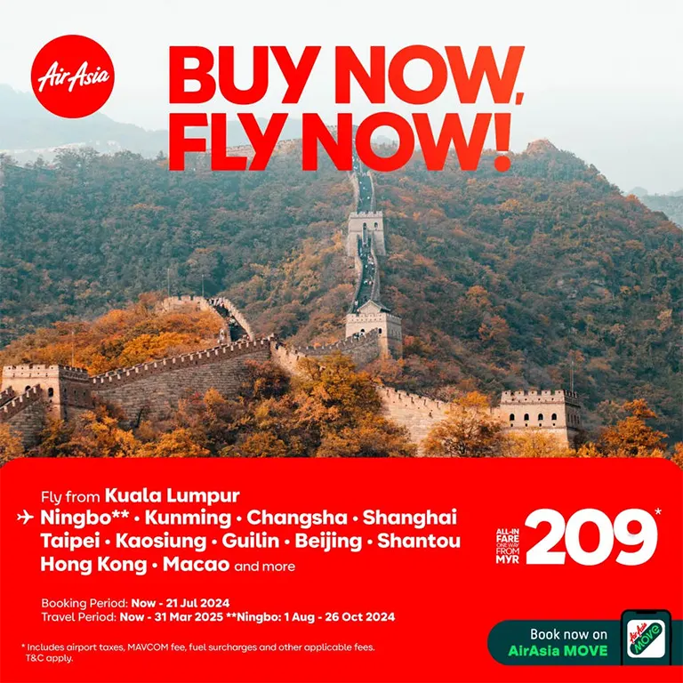 Fly from Kuala Lumpur to Ningbo**, Kunming, Changsha, Shanghai, Taipei, Kaohsiung, Guilin, Beijing, Shantou, Hong Kong, Macao and more, all-in fare, one way from MYR 209*!
